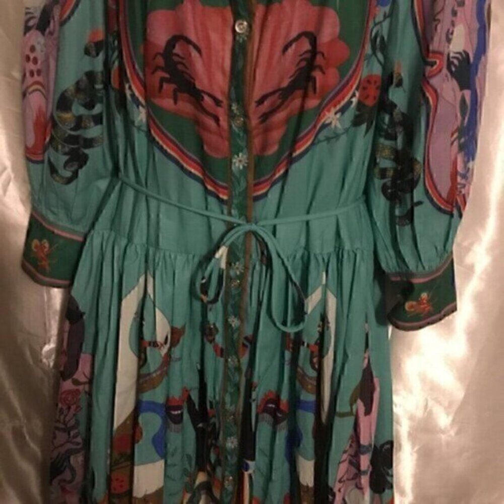 Green Colorful Art Long Balloon Sleeve Collar Button Down Midi Shirt Dress XL - Picture 7 of 16